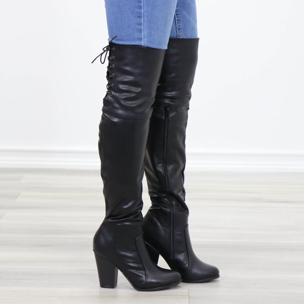 Restock Faux Leather Thigh High Boots Lace Up Back - Picture 3 of 16